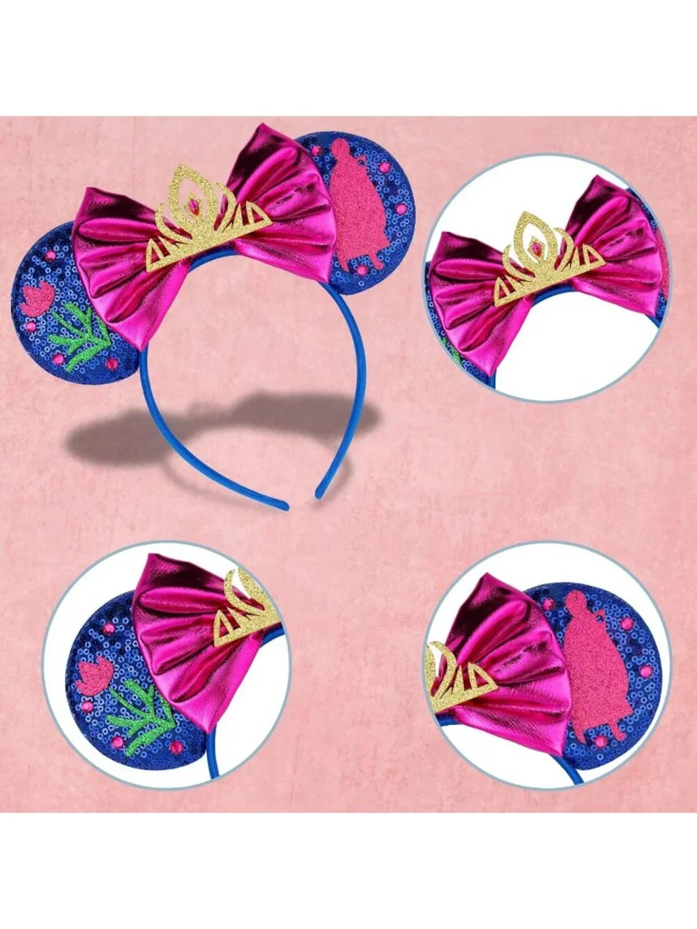 Women Gold Pink Sequin Handmade Mickey Mouse Headband 2 Pieces